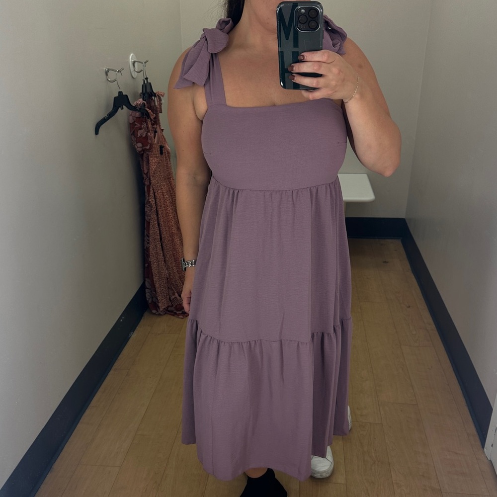 Purple Mauve Tiered Bow Tie Sleeve Midi Dress
